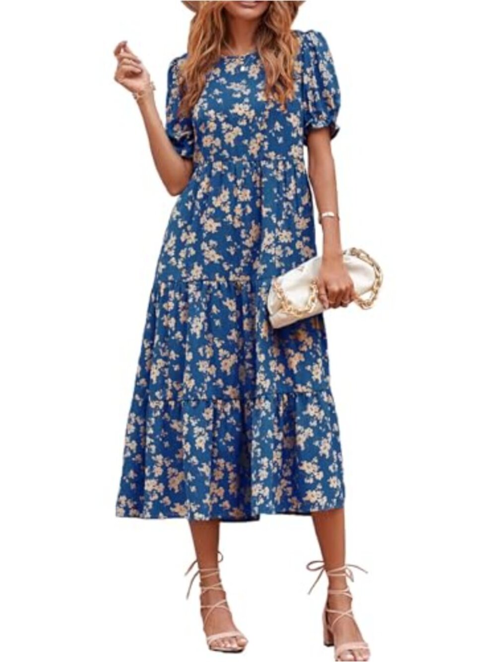 Boho Floral Puff Sleeve Midi Dress High Waist Ruffle Beach
